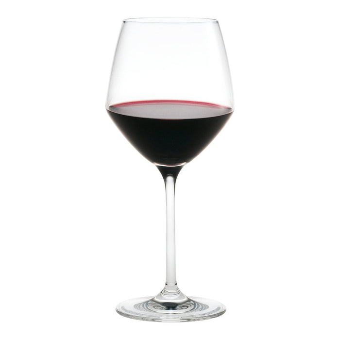 Elegant wine glass filled with deep red wine, showcasing a classic clear design.
