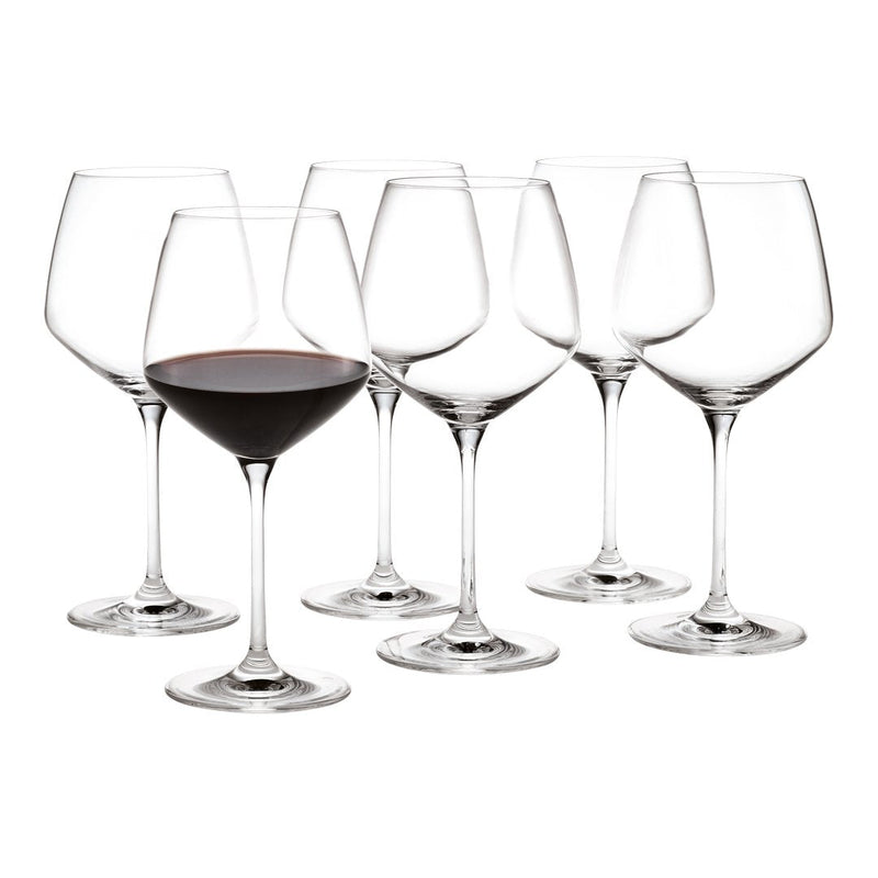 Set of six elegant glass red wine glasses, featuring clear glass and classic, smooth stems. Perfect for any occasion.