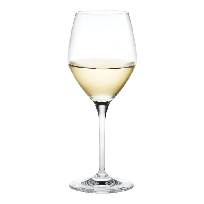 Clear glass wine glass with a smooth, elegant silhouette, featuring a pale yellow liquid inside.
