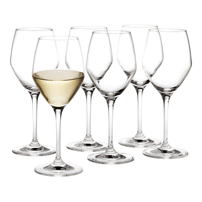 Set of six clear glass wine glasses, featuring elegant silhouettes and a polished finish, with one glass holding white wine.