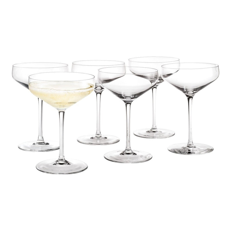Set of six clear, elegant champagne coupes with a classic design, perfect for stylish entertaining.