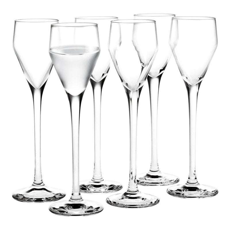 Set of six elegant crystal-clear champagne flutes featuring slender stems and smooth contours. Perfect for any occasion.