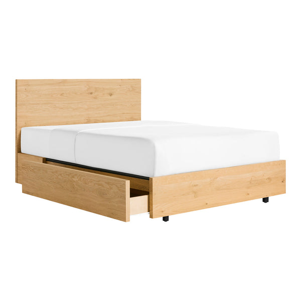 Light oak bed frame with a minimalist design and smooth white bedding, featuring a pull-out drawer.
