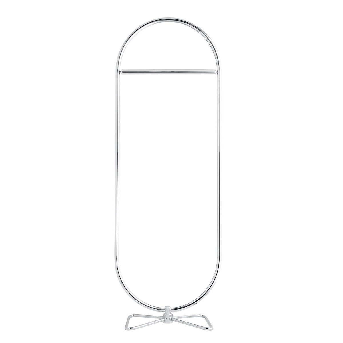 Sleek chrome clothes rack in a modern, minimalist oval design, showcasing a polished finish. Perfect for stylish organization.