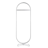 Sleek chrome clothes rack in a modern, minimalist oval design, showcasing a polished finish. Perfect for stylish organization.