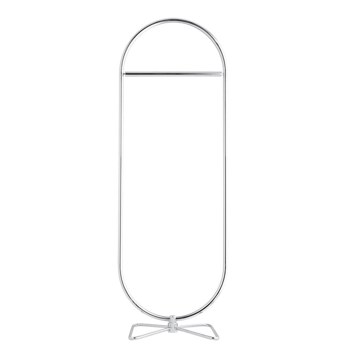 Sleek chrome clothes rack in a modern, minimalist oval design, showcasing a polished finish. Perfect for stylish organization.