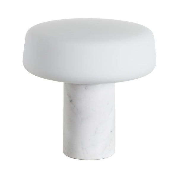 White frosted glass top with a sleek white marble base, creating a modern and elegant contrast in design.