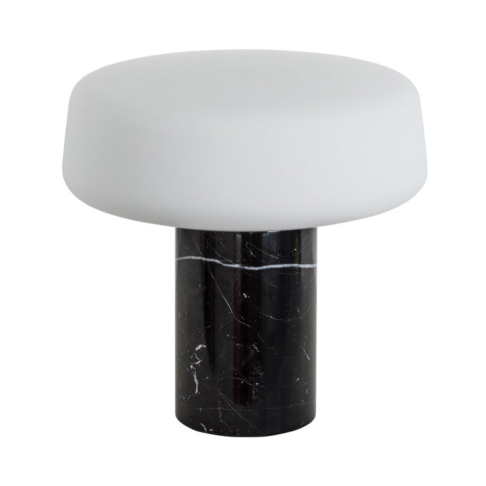 White frosted glass lamp with a sleek black marble base, featuring subtle gray veining. Modern and elegant design.