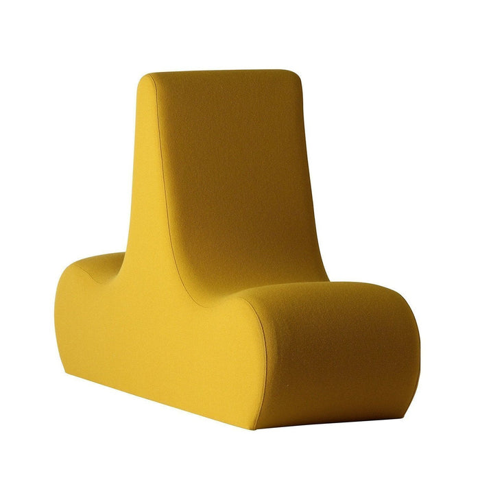 Bright yellow contemporary chair with smooth, minimalist design and soft fabric texture. Ideal for modern home decor.