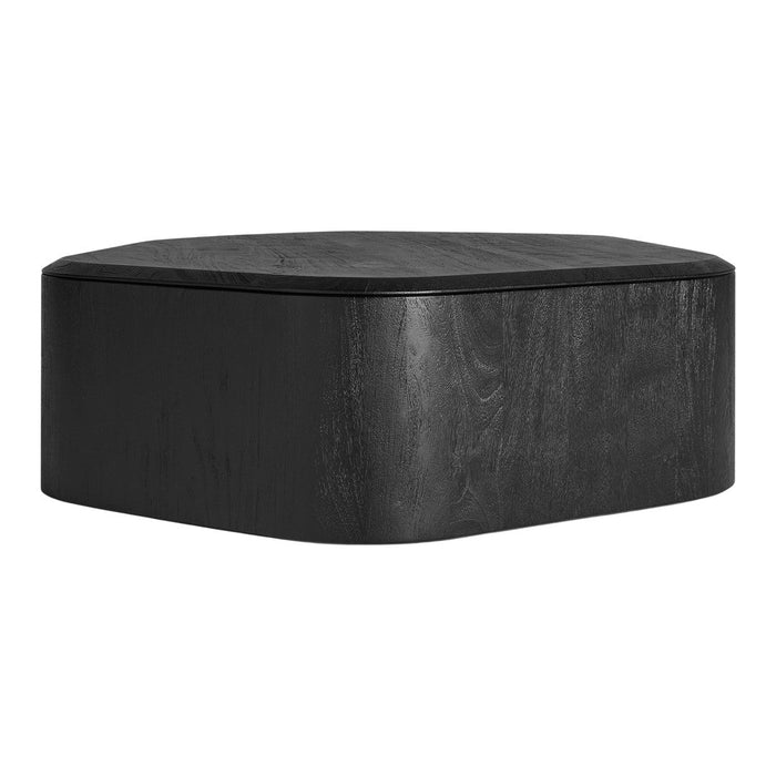 Sleek black wooden coffee table with a smooth, textured surface and rounded edges, perfect for modern decor.