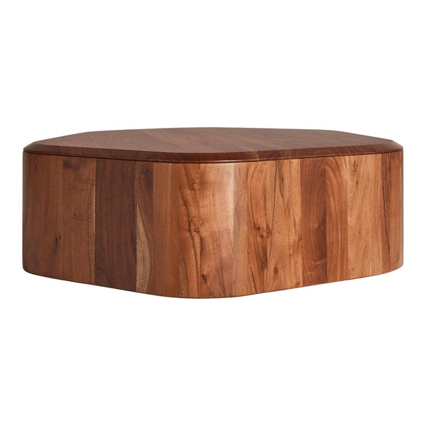 Hexagonal wooden table in rich brown tones, featuring a smooth surface and natural grain patterns.