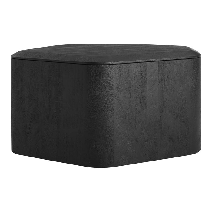 Black hexagonal ottoman with a smooth, matte finish. Modern design ideal for contemporary decor.