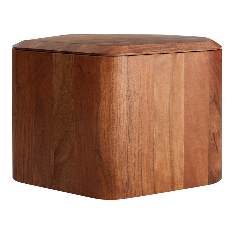Hexagonal wooden storage box with a rich brown finish and smooth, natural wood grain pattern.