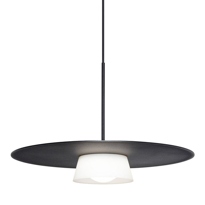 Sleek black pendant lamp with a smooth white shade and a wide circular lampshade design. Modern minimalist style.