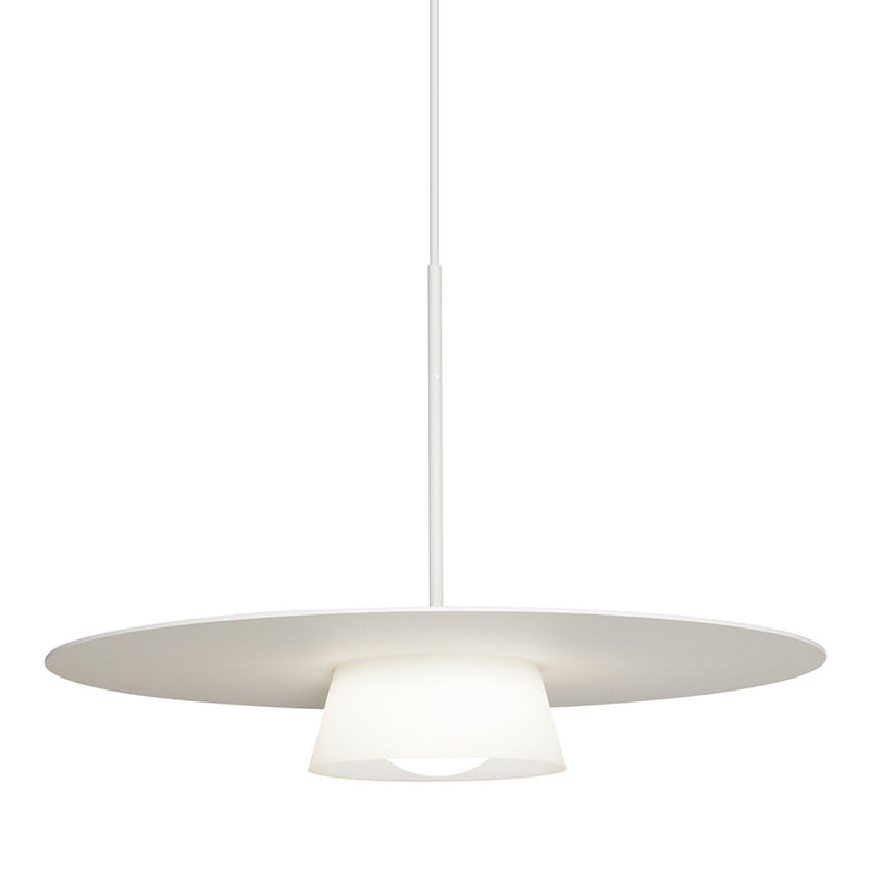 Sleek white pendant lamp with a round shade and subtle matte finish, ideal for modern decor.