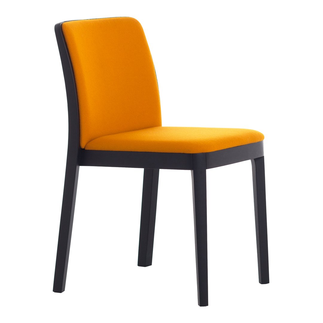 Orange upholstered chair with a sleek black frame, featuring a smooth, modern design. Ideal for contemporary spaces.