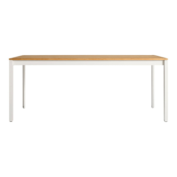 "Rectangular dining table with a natural wood top and white metal legs, featuring a modern and clean design."