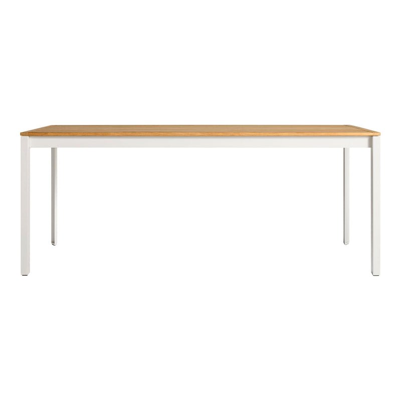 "Rectangular dining table with a natural wood top and white metal legs, featuring a modern and clean design."