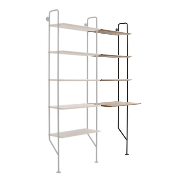 Modern metal shelving unit with a sleek white and black color scheme, featuring natural wood shelves.