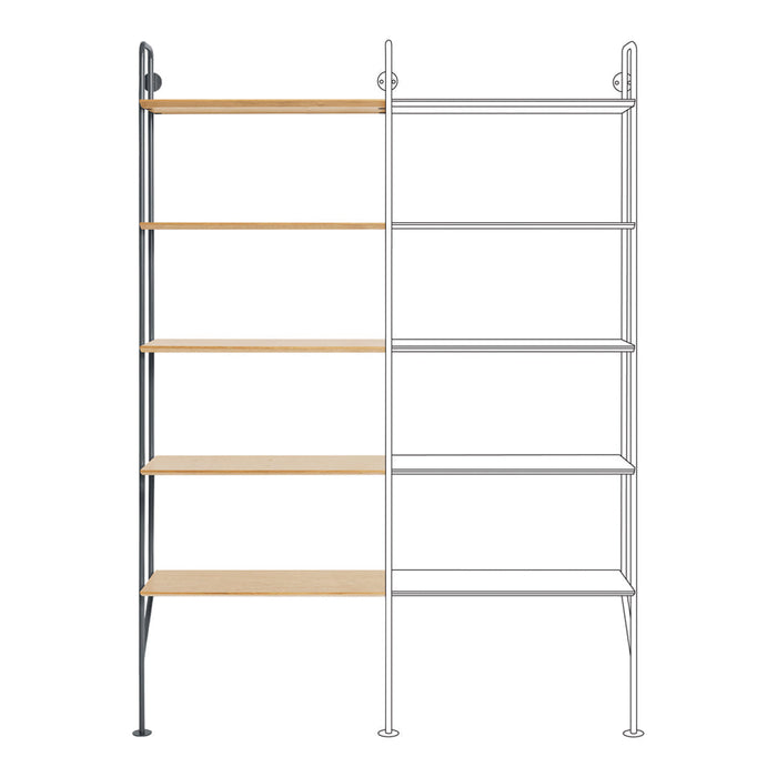 Light wood shelves with white and metal frame; modern minimalist design, perfect for any home or office decor.