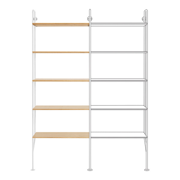 White metal shelving unit with natural wood shelves, modern minimalist design, showcasing clean lines and neutral tones.