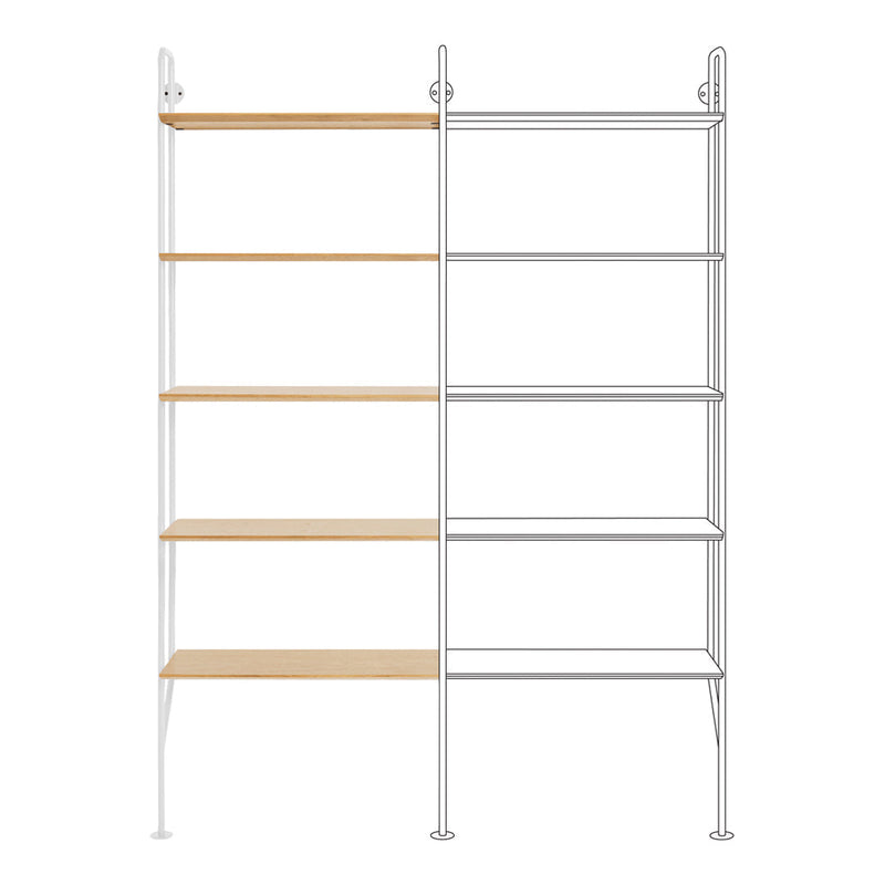 White metal shelving unit with natural wood shelves, modern minimalist design, showcasing clean lines and neutral tones.