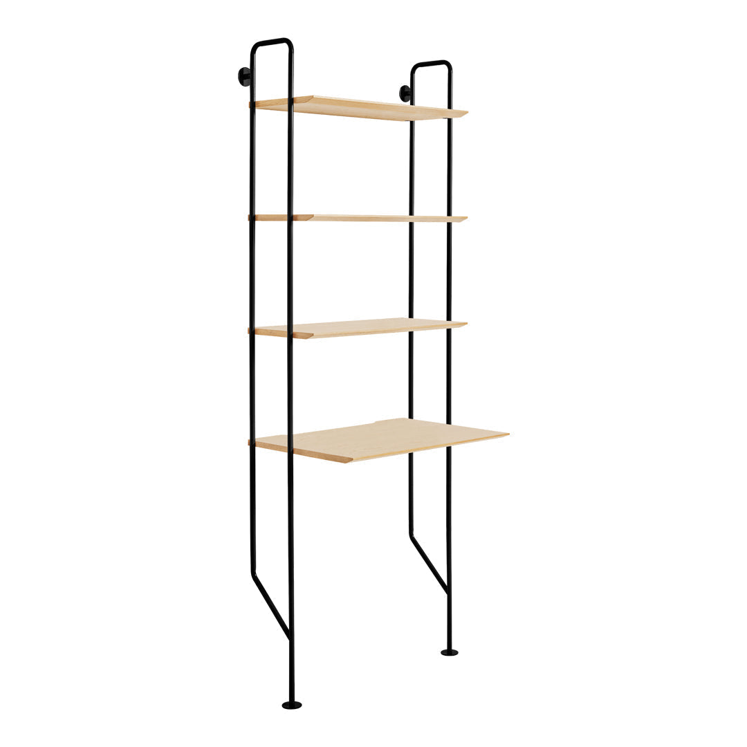 Modern black metal shelving unit with natural wood shelves, featuring a sleek minimalist design.