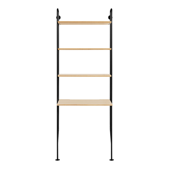 Modern black metal shelving unit with light wood shelves, featuring a sleek and minimalist design. Perfect for any space.