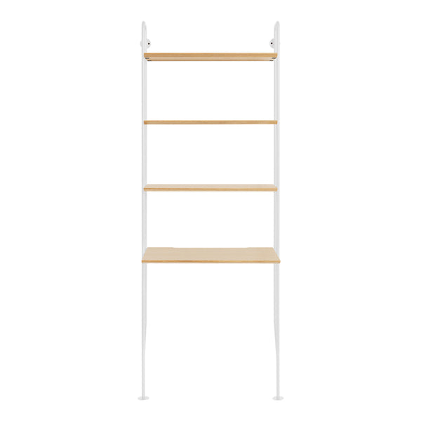 Light wood shelves on a sleek white metal frame, featuring a minimalistic design with clean lines.