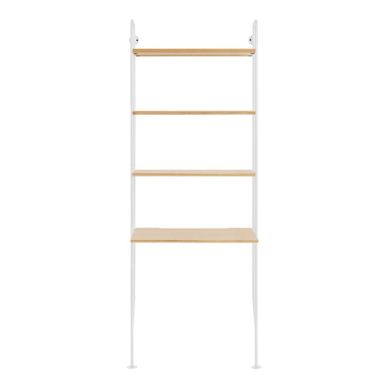 Light wood shelves on a sleek white metal frame, featuring a minimalistic design with clean lines.