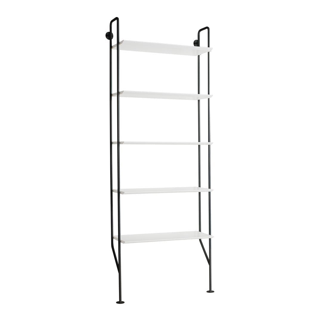 Black metal shelving unit with five sleek white shelves, offering a modern and minimalist design aesthetic.