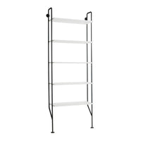 Black metal shelving unit with five sleek white shelves, offering a modern and minimalist design aesthetic.