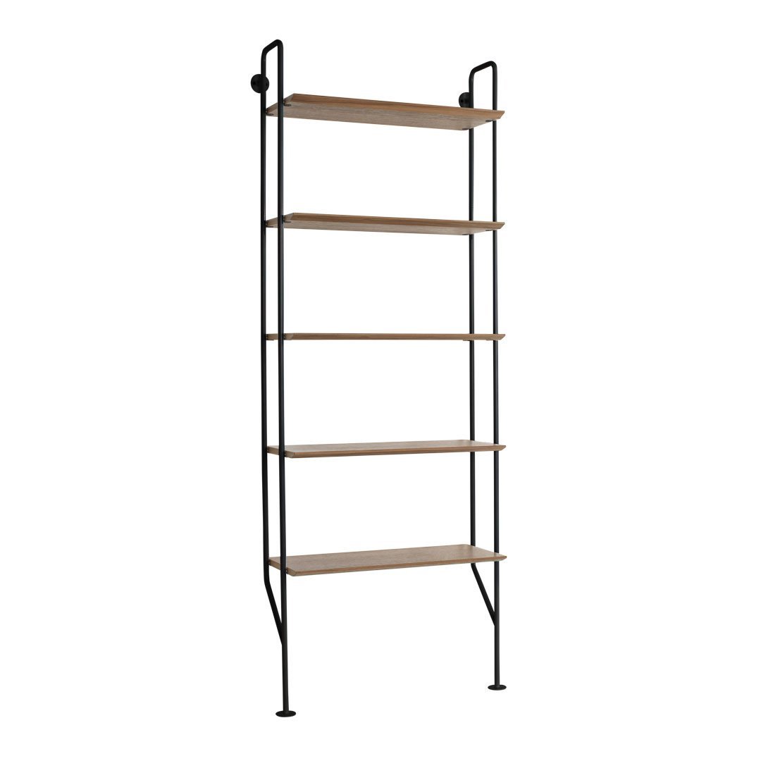 Black metal frame with natural wood shelves, offering a minimalist and modern design for stylish storage solutions.