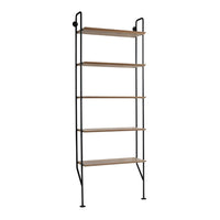 Black metal frame with natural wood shelves, offering a minimalist and modern design for stylish storage solutions.