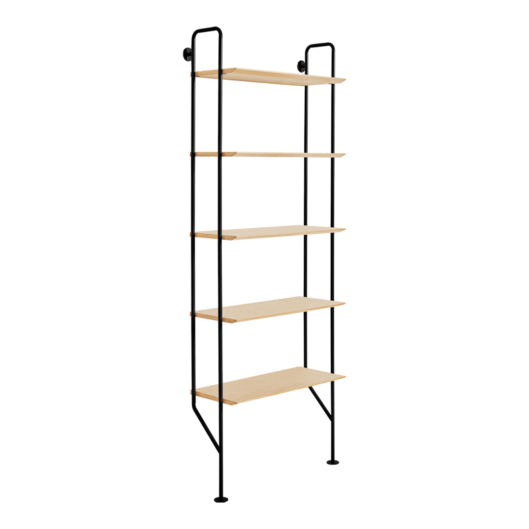 Black metal shelf frame with five natural wood shelves, showcasing a sleek, modern design.