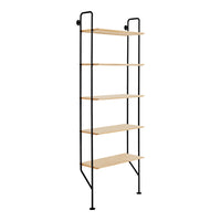 Black metal shelf frame with five natural wood shelves, showcasing a sleek, modern design.