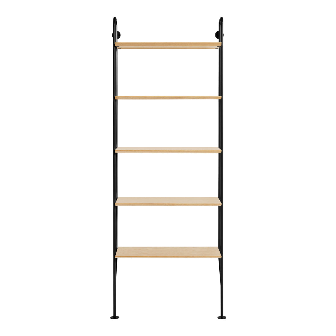 Tall, sleek black metal shelving unit with five light wooden shelves, showcasing a modern minimalist design.