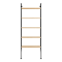 Tall, sleek black metal shelving unit with five light wooden shelves, showcasing a modern minimalist design.