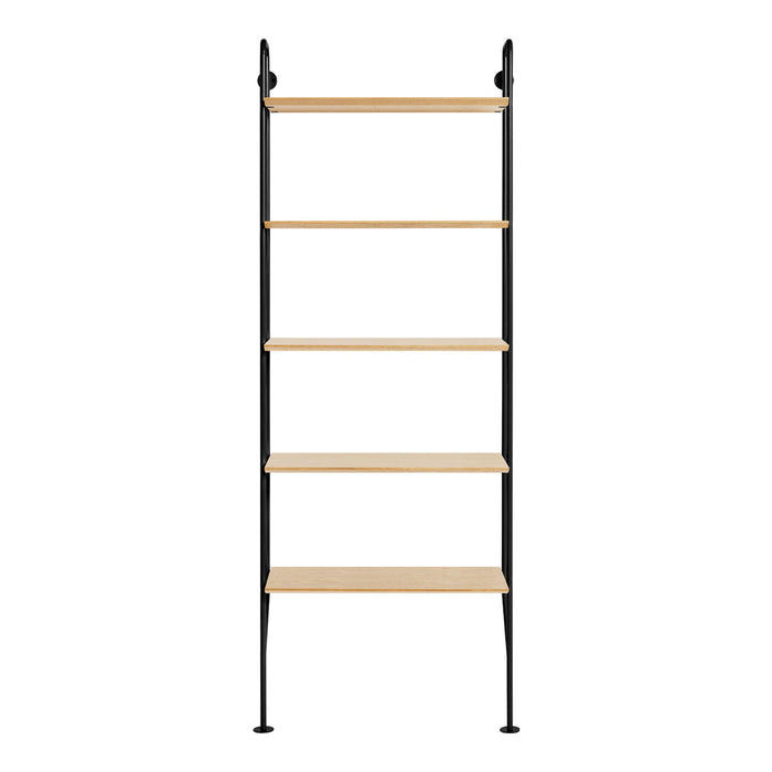 Tall, sleek black metal shelving unit with five light wooden shelves, showcasing a modern minimalist design.