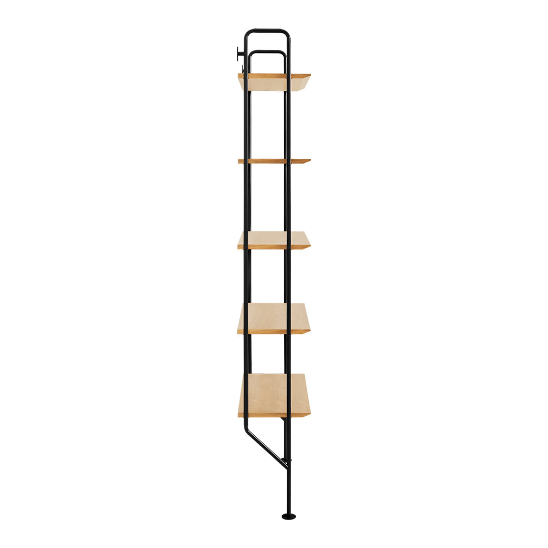 Tall black metal shelving unit with natural wood shelves, featuring a sleek, minimalist design and clean lines.