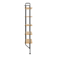 Tall black metal shelving unit with natural wood shelves, featuring a sleek, minimalist design and clean lines.