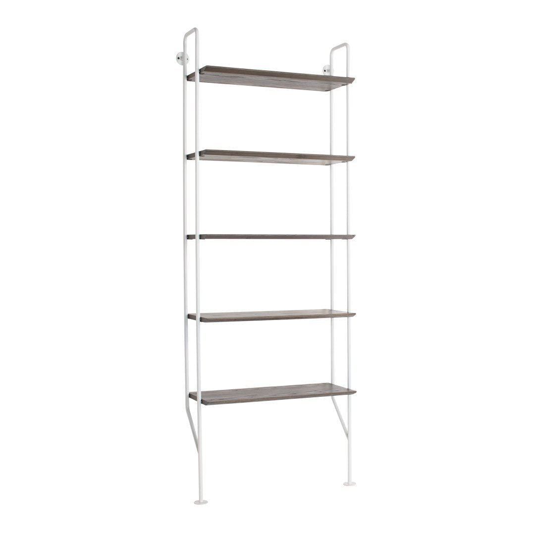 Modern white metal shelving unit with five dark wood shelves, featuring a sleek, minimalist design.