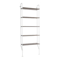 Modern white metal shelving unit with five dark wood shelves, featuring a sleek, minimalist design.