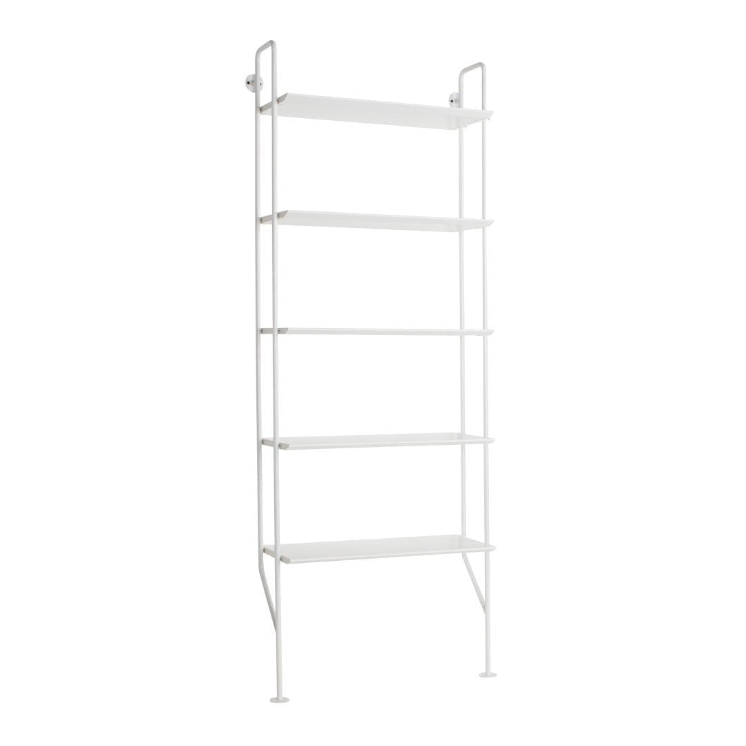 White metal shelving unit with clean lines and minimalist design, featuring five horizontal shelves for stylish storage.
