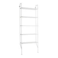 White metal shelving unit with clean lines and minimalist design, featuring five horizontal shelves for stylish storage.