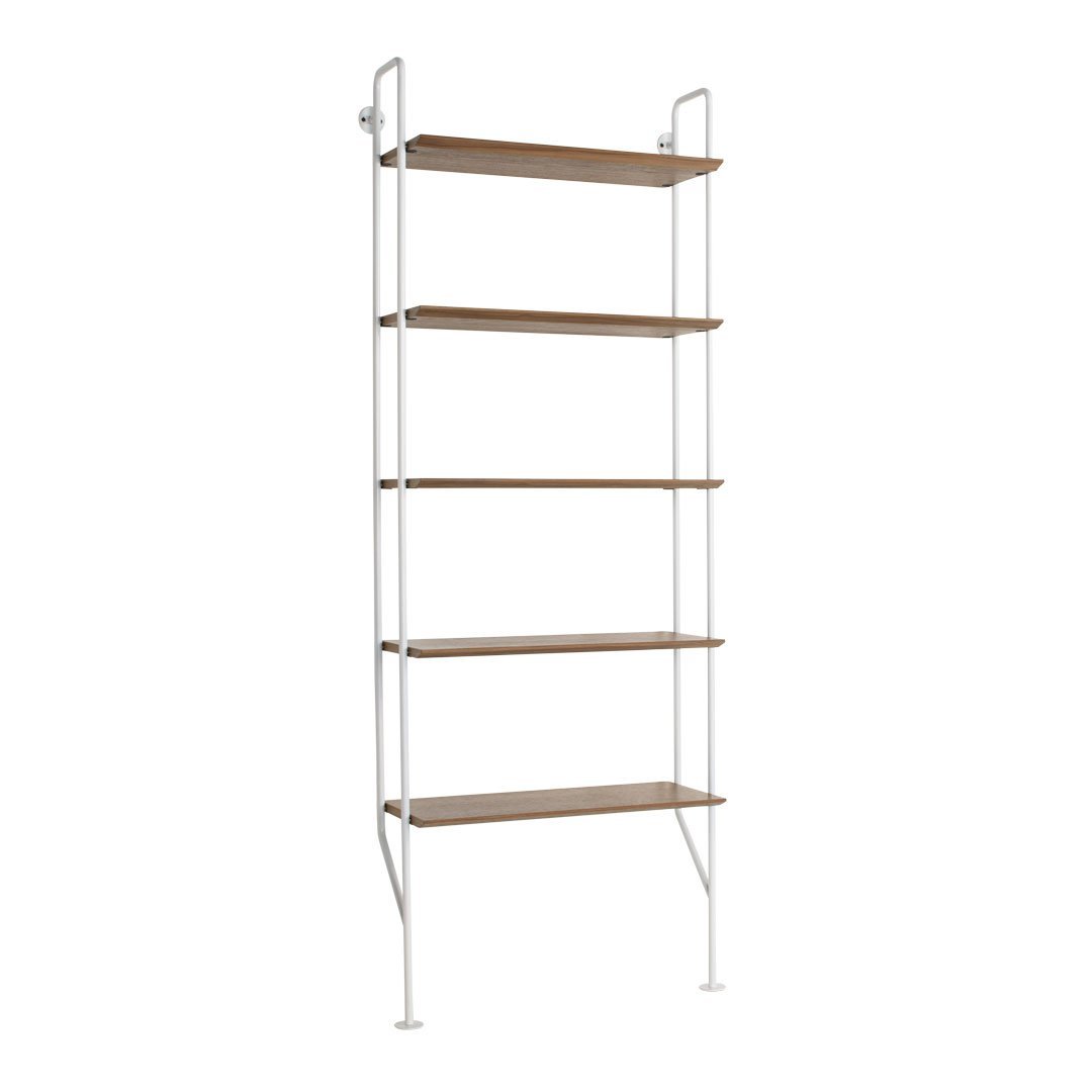 Slender shelving unit with a white metal frame and natural wood shelves, featuring a sleek, minimalist design.