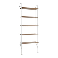 Slender shelving unit with a white metal frame and natural wood shelves, featuring a sleek, minimalist design.
