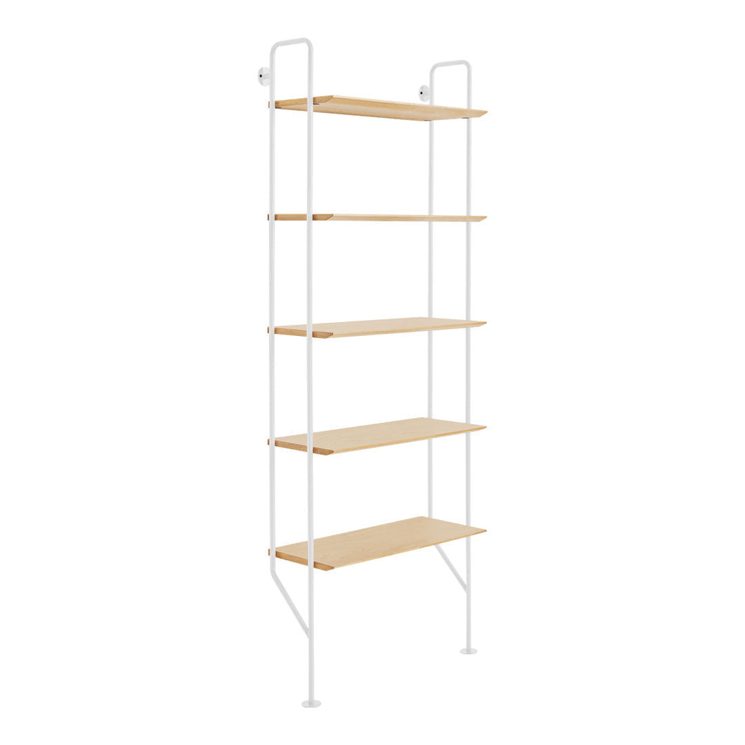 White metal shelving unit with natural wood shelves, featuring a minimalist design and clean lines.