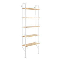 White metal shelving unit with natural wood shelves, featuring a minimalist design and clean lines.