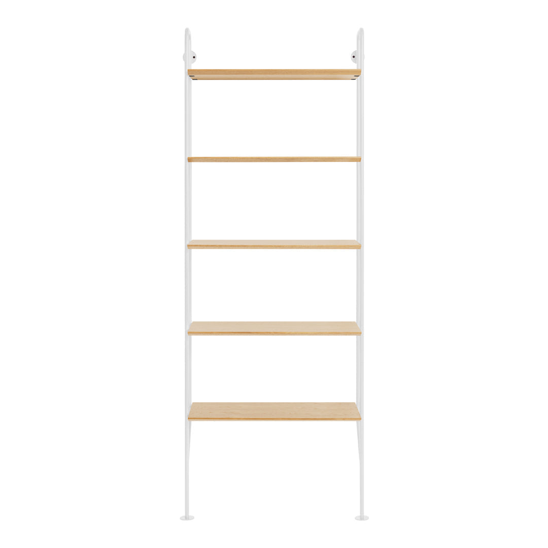 Neutral white metal frame with natural wood shelves in a simple, modern design. Perfect for any contemporary decor.